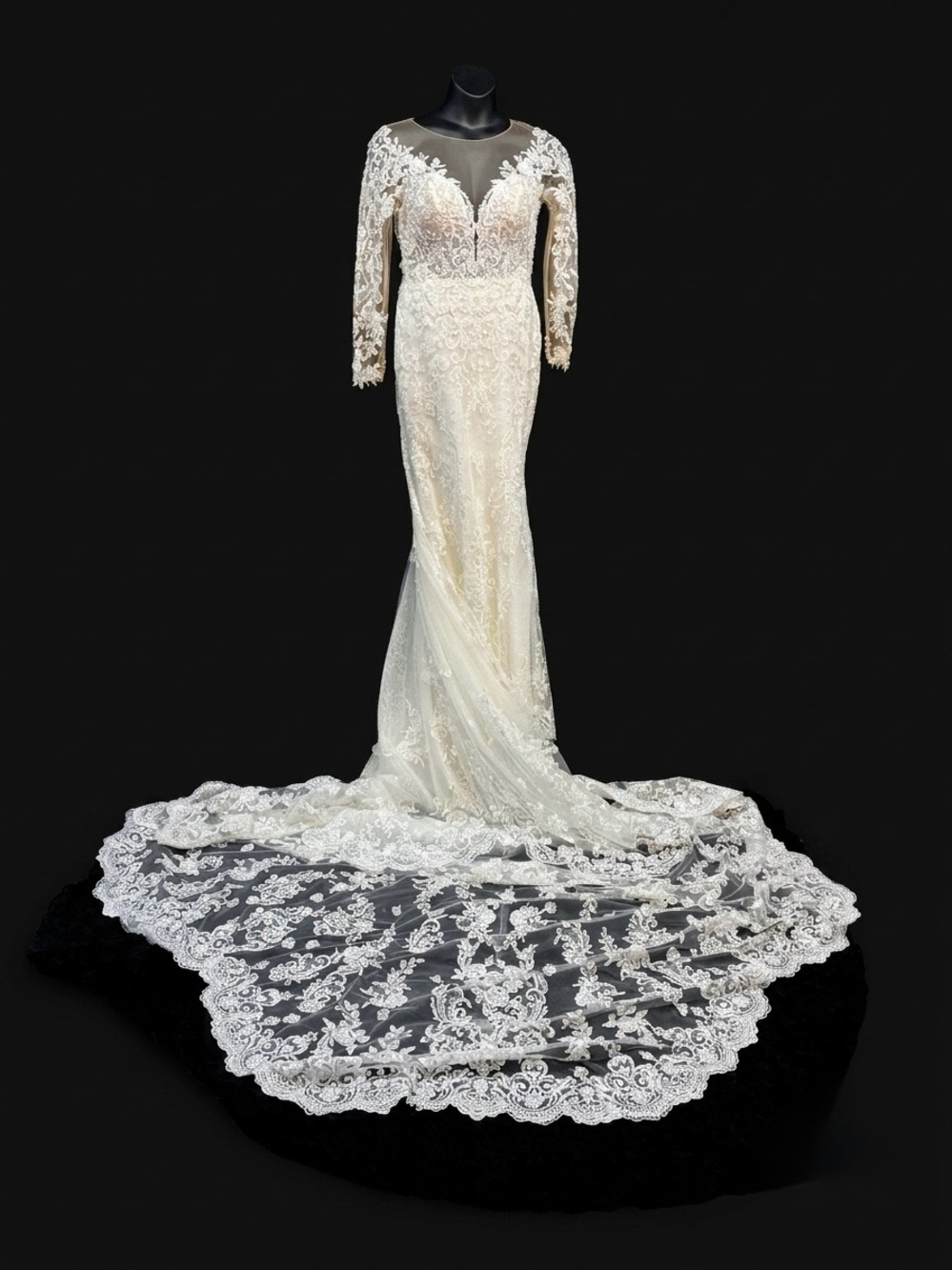 Demetrios 1021 Ivory Lace Long-Sleeve Bridal Gown Sheer Bodice Cathedral Train